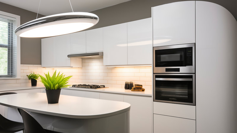 Modern kitchen with a natural stone waterfall-edge worktop island